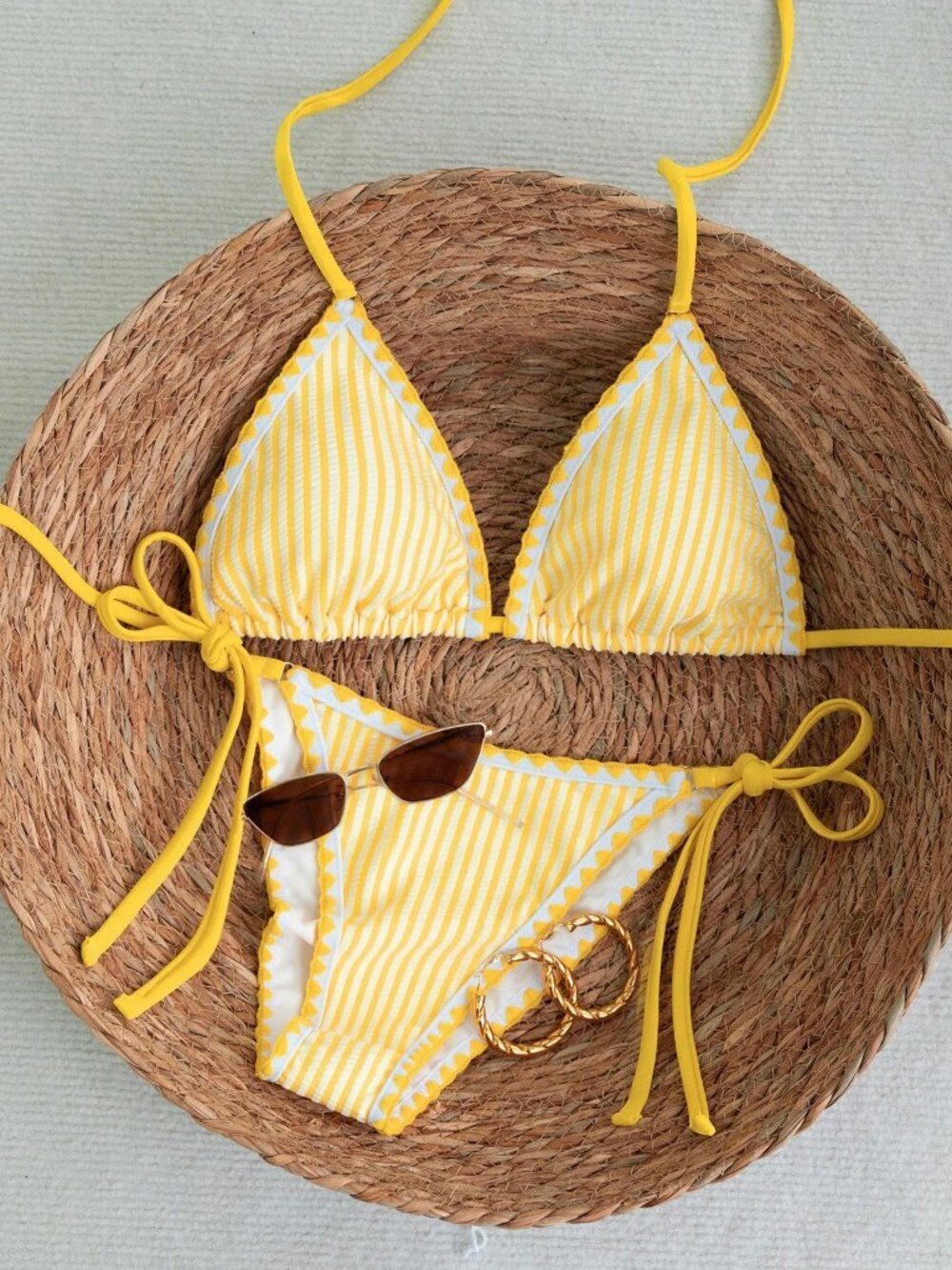 Yellow Casual Women's Striped Cute Bikini Set